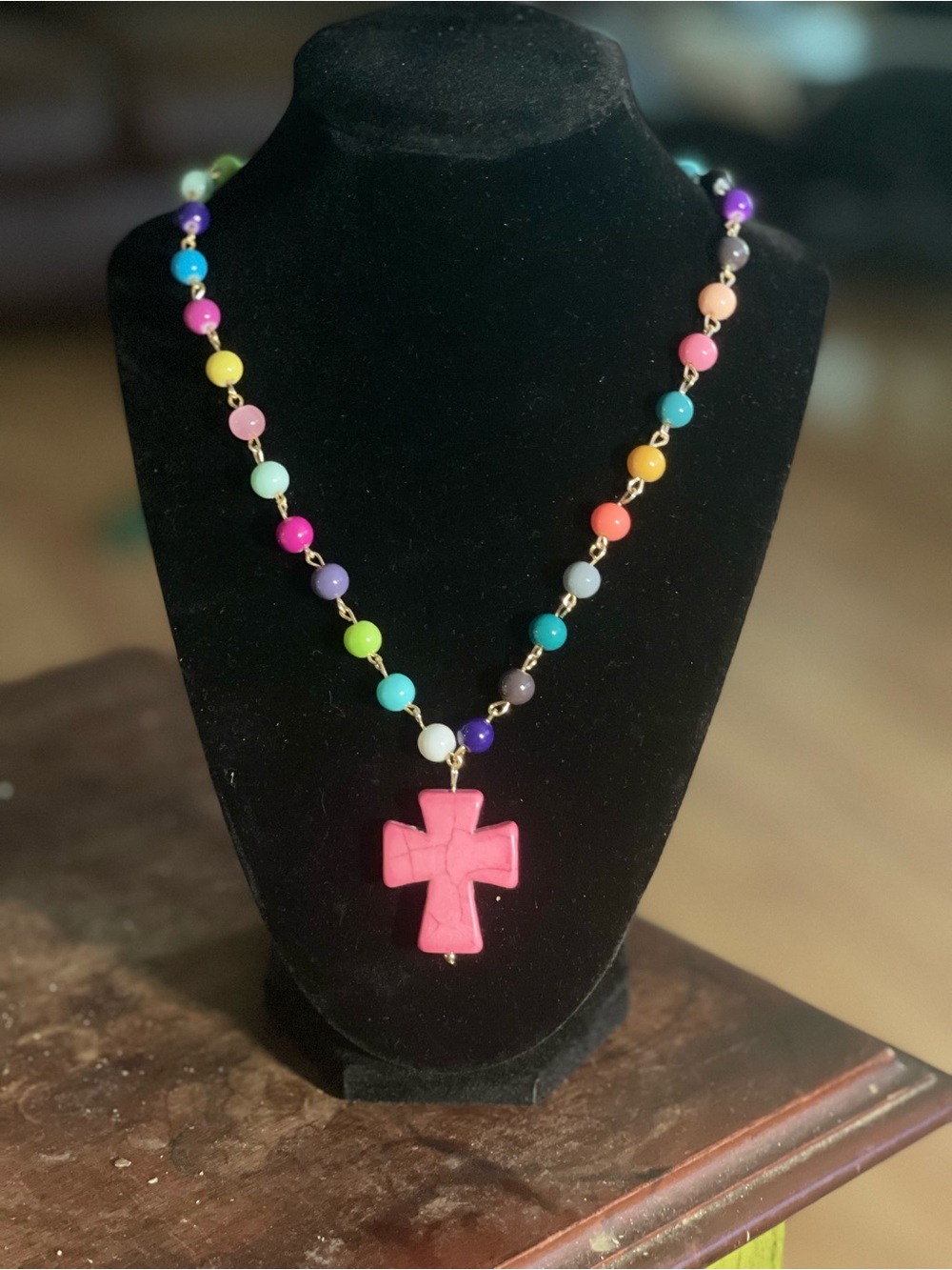 Multicolor Beaded Necklace with Pink Cross Pendant